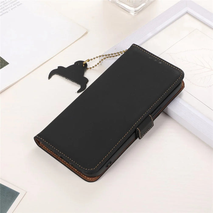 For OnePlus Nord 3 5G / Ace 2V Wallet Phone Case Genuine Cow Leather RFID Blocking Stand Cover - Black - 6