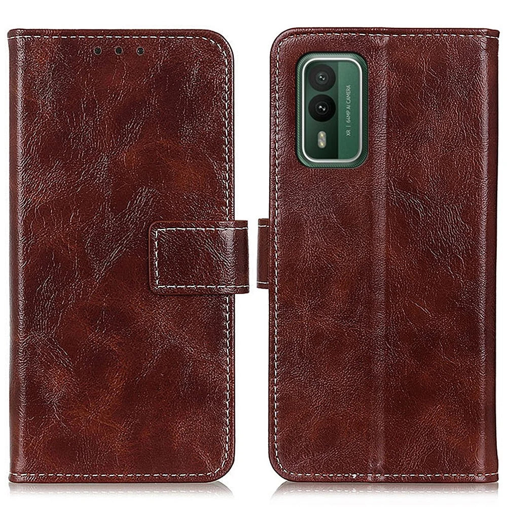 For Nokia XR21 Leather Wallet Phone Case Retro Crazy Horse Texture Anti-drop Stand Shell - Brown - 1