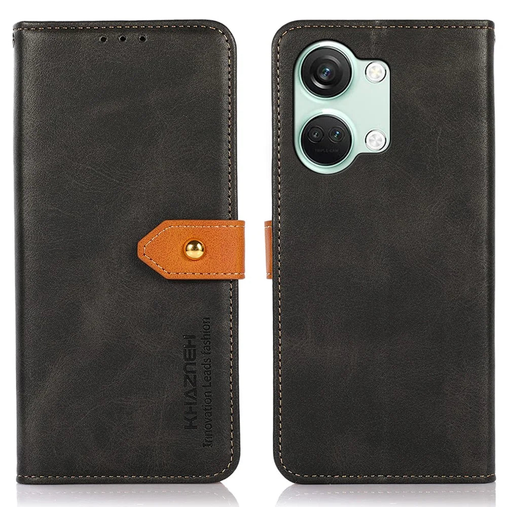 KHAZNEH For OnePlus Nord 3 5G / Ace 2V Cowhide Texture PU Leather Case Phone Shell Phone Stand Cover Wallet - Black - 1
