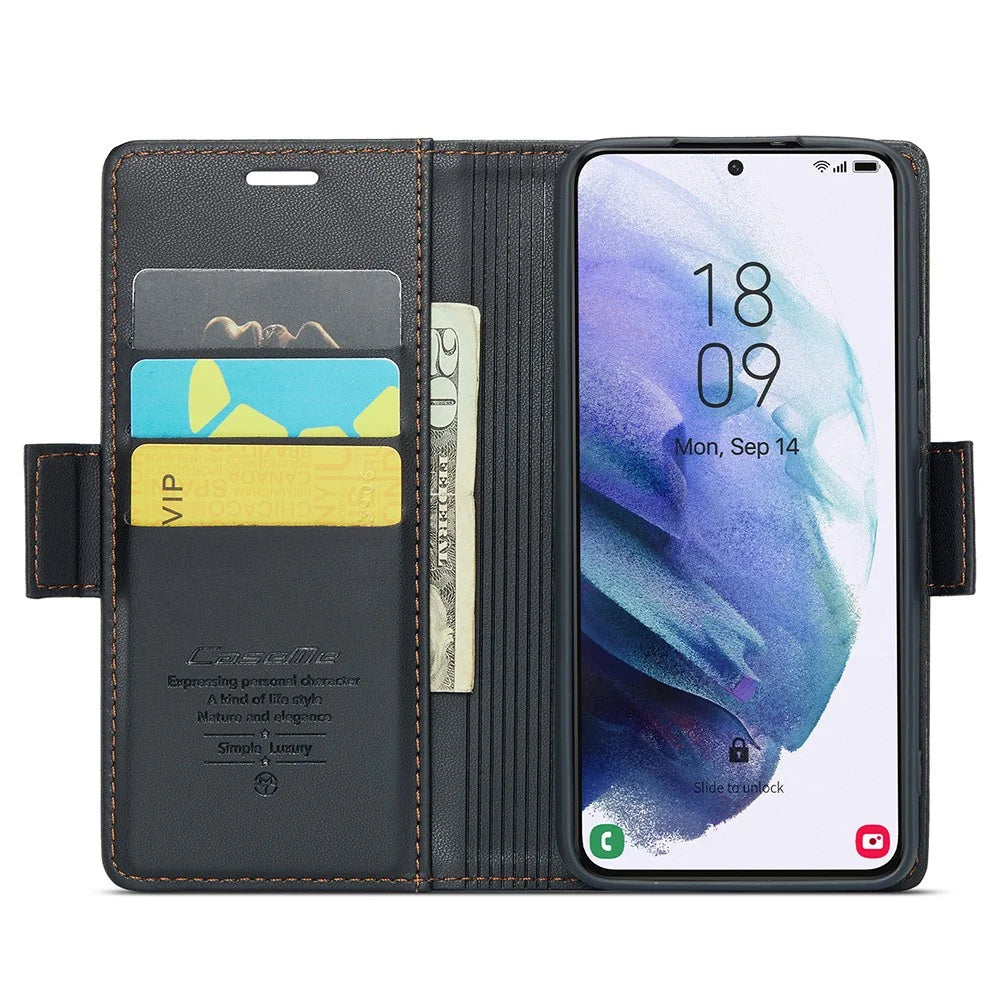 For Samsung Galaxy S21+ 5G Leather Case CASEME 023 RFID Blocking 3 Card Slot Mobile Cover - Black - 2
