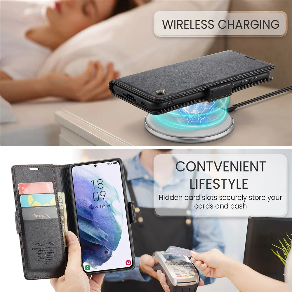 For Samsung Galaxy S21+ 5G Leather Case CASEME 023 RFID Blocking 3 Card Slot Mobile Cover - Black - 6