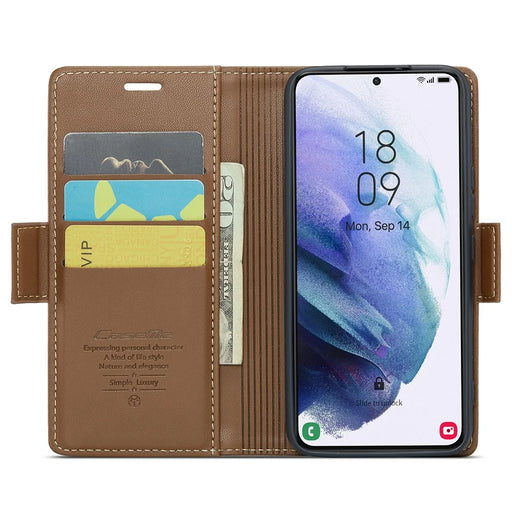 For Samsung Galaxy S21 5G / S21 4G Leather Case CASEME 023 RFID Blocking 3 Card Slot Mobile Cover - Brown - 2