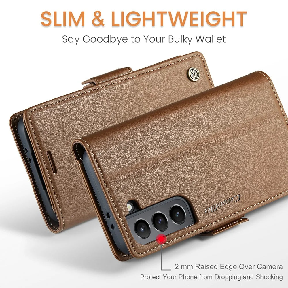 For Samsung Galaxy S21 5G / S21 4G Leather Case CASEME 023 RFID Blocking 3 Card Slot Mobile Cover - Brown - 5