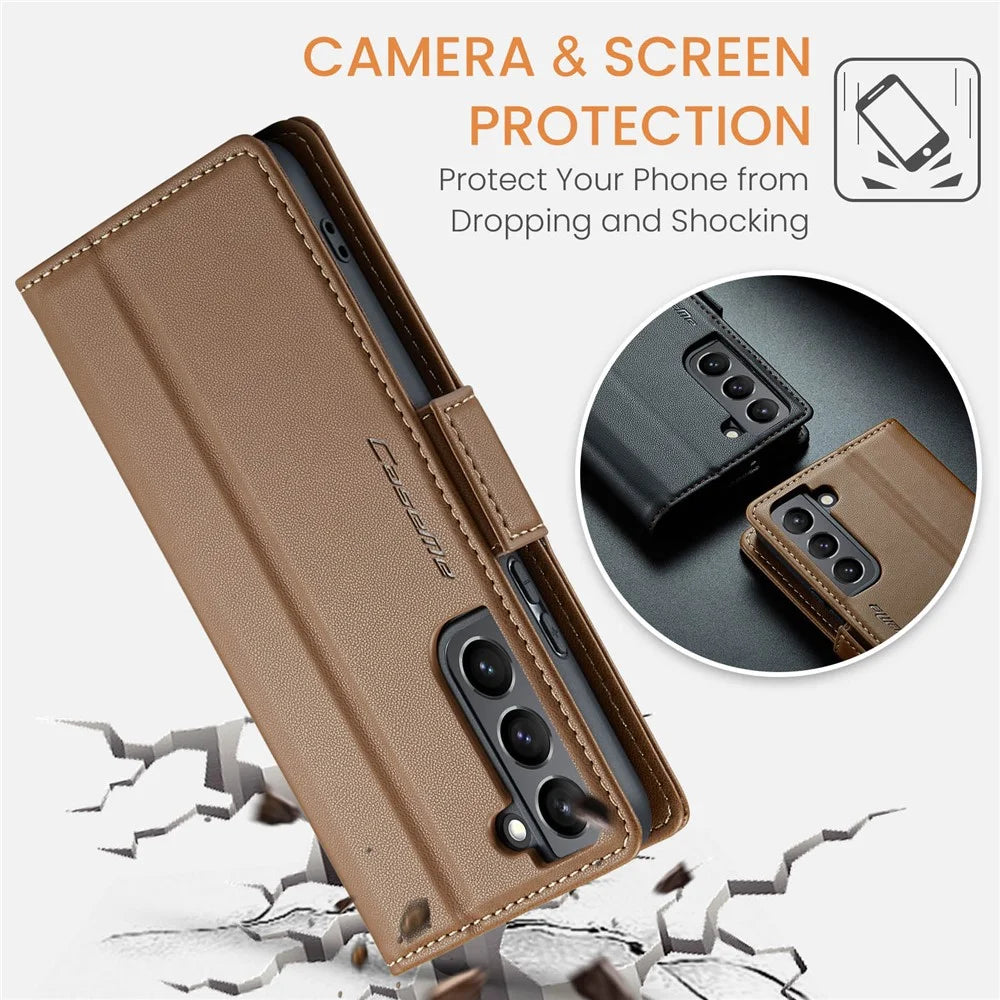 For Samsung Galaxy S21 5G / S21 4G Leather Case CASEME 023 RFID Blocking 3 Card Slot Mobile Cover - Brown - 6