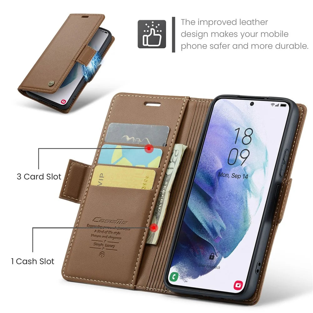 For Samsung Galaxy S21 5G / S21 4G Leather Case CASEME 023 RFID Blocking 3 Card Slot Mobile Cover - Brown - 7