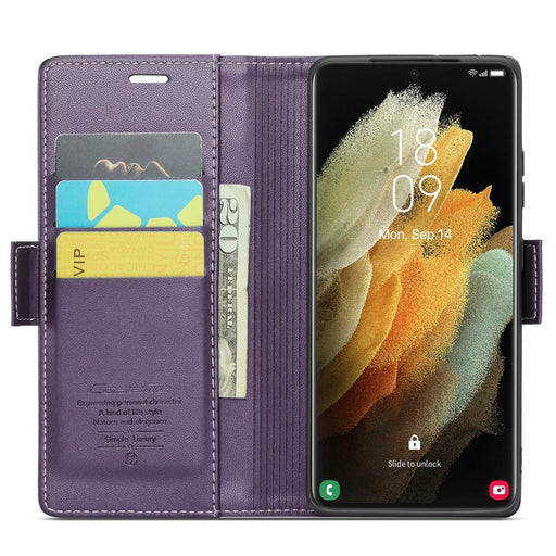 For Samsung Galaxy S21 Ultra 5G Leather Case CASEME 023 RFID Blocking 3 Card Slot Mobile Cover - Purple - 2