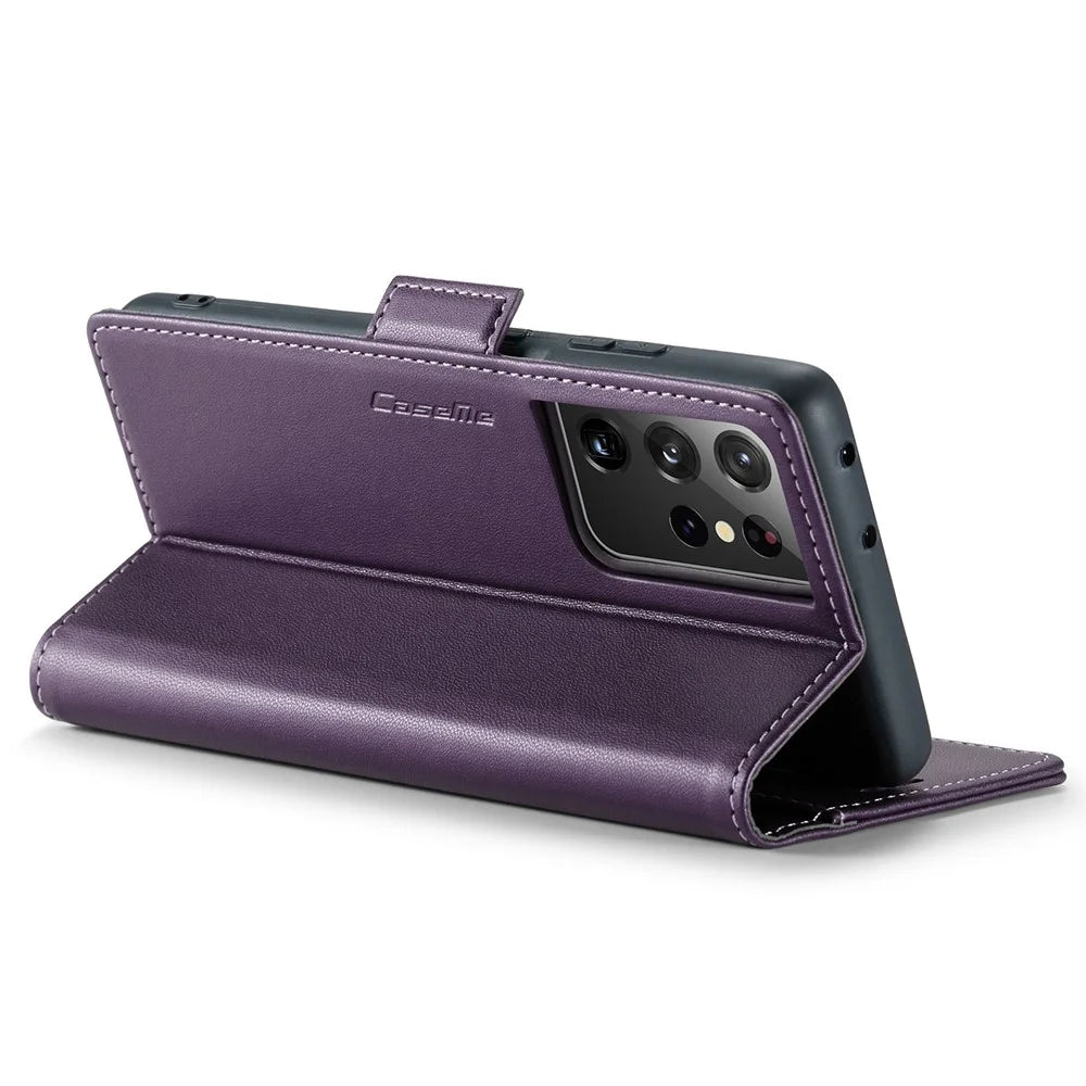 For Samsung Galaxy S21 Ultra 5G Leather Case CASEME 023 RFID Blocking 3 Card Slot Mobile Cover - Purple - 3