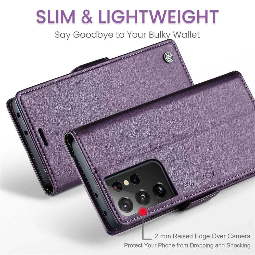 For Samsung Galaxy S21 Ultra 5G Leather Case CASEME 023 RFID Blocking 3 Card Slot Mobile Cover - Purple - 5