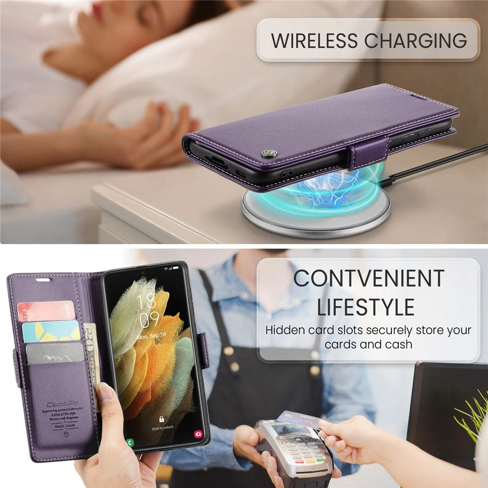 For Samsung Galaxy S21 Ultra 5G Leather Case CASEME 023 RFID Blocking 3 Card Slot Mobile Cover - Purple - 6