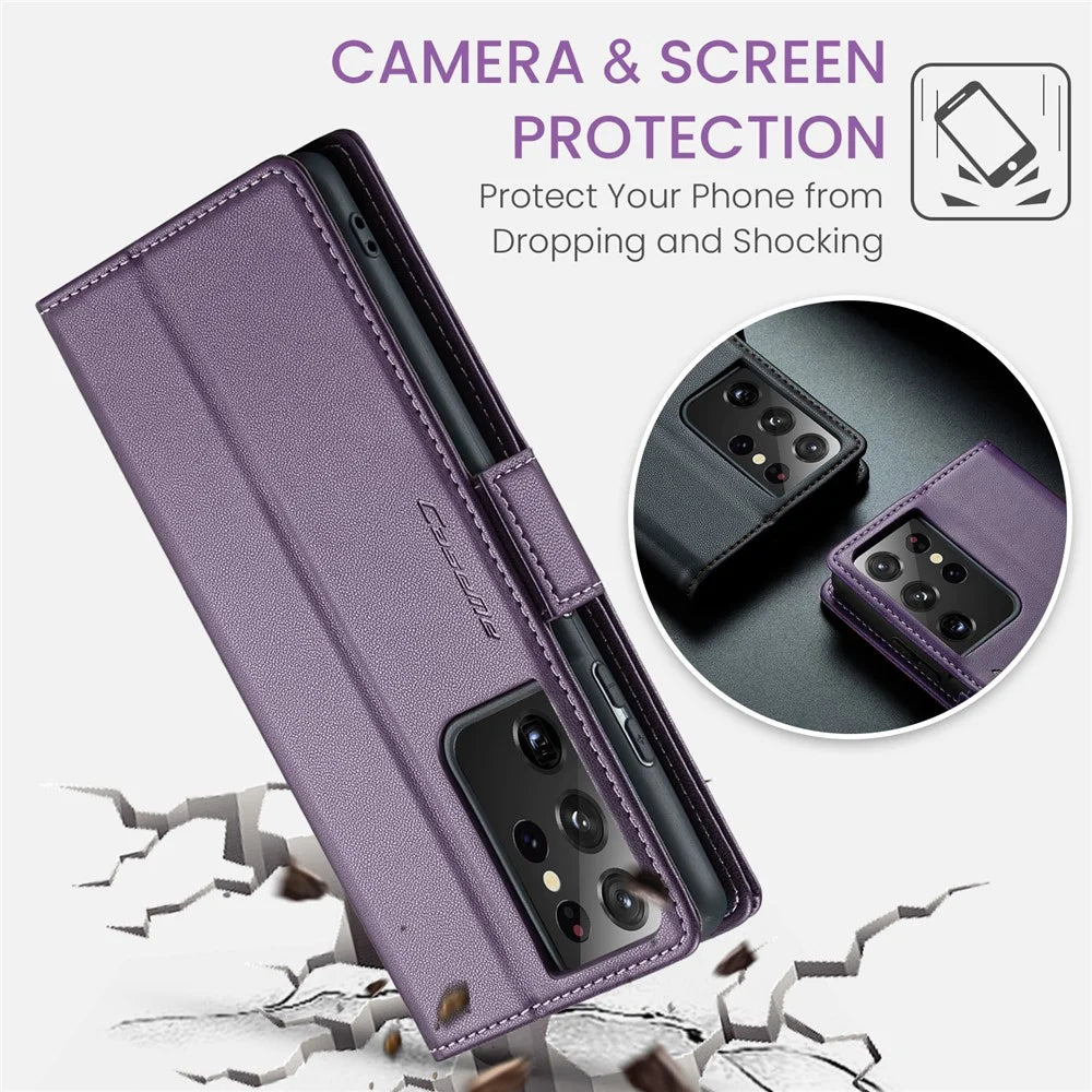 For Samsung Galaxy S21 Ultra 5G Leather Case CASEME 023 RFID Blocking 3 Card Slot Mobile Cover - Purple - 7