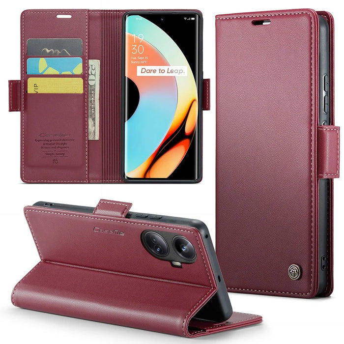 For Realme 10 Pro+ 5G Leather Case CASEME 023 RFID Blocking 3 Card Slot Mobile Cover - Red - 1