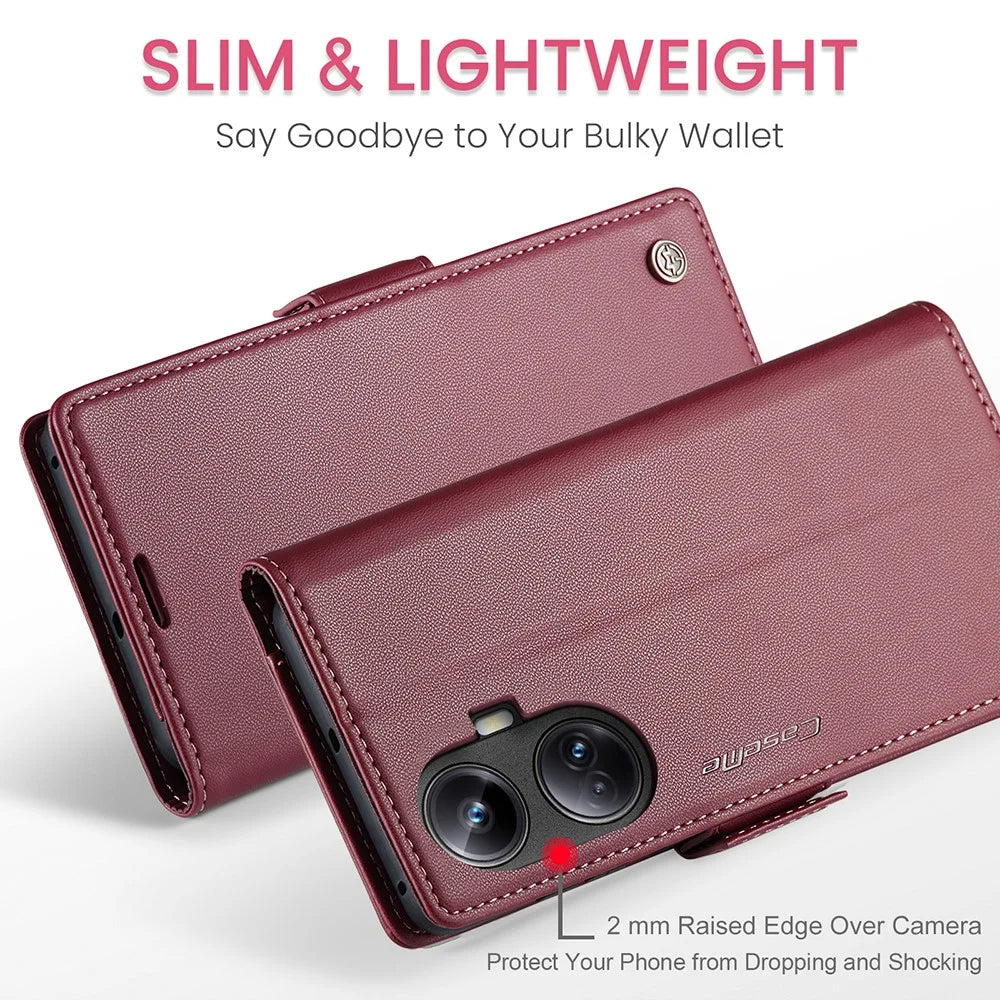 For Realme 10 Pro+ 5G Leather Case CASEME 023 RFID Blocking 3 Card Slot Mobile Cover - Red - 5
