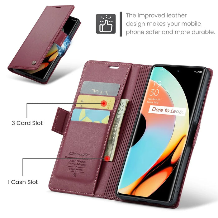 For Realme 10 Pro+ 5G Leather Case CASEME 023 RFID Blocking 3 Card Slot Mobile Cover - Red - 7