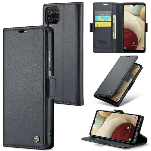 For Samsung Galaxy A12 Leather Case CASEME 023 RFID Blocking 3 Card Slot Mobile Cover - Black - 1