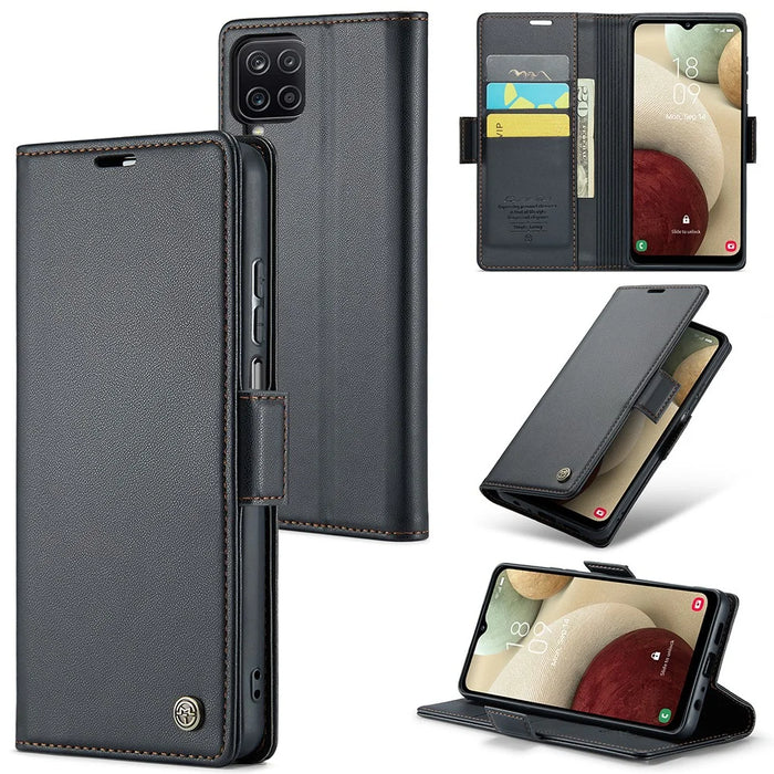 For Samsung Galaxy A12 Leather Case CASEME 023 RFID Blocking 3 Card Slot Mobile Cover - Black - 1