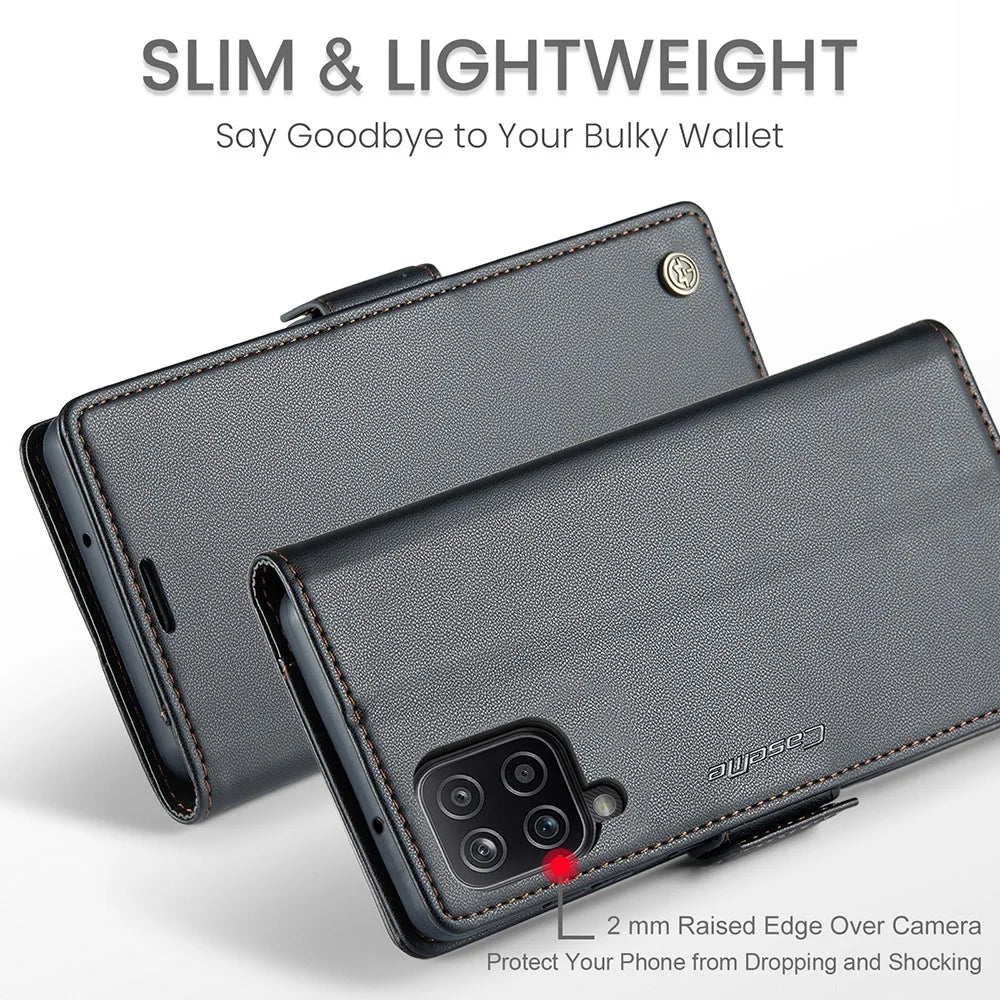For Samsung Galaxy A12 Leather Case CASEME 023 RFID Blocking 3 Card Slot Mobile Cover - Black - 5