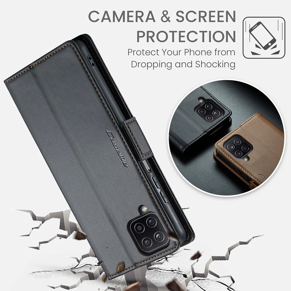 For Samsung Galaxy A12 Leather Case CASEME 023 RFID Blocking 3 Card Slot Mobile Cover - Black - 6