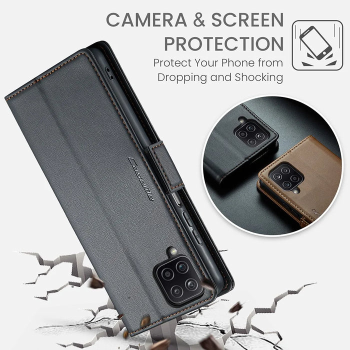 For Samsung Galaxy A12 Leather Case CASEME 023 RFID Blocking 3 Card Slot Mobile Cover - Black - 6