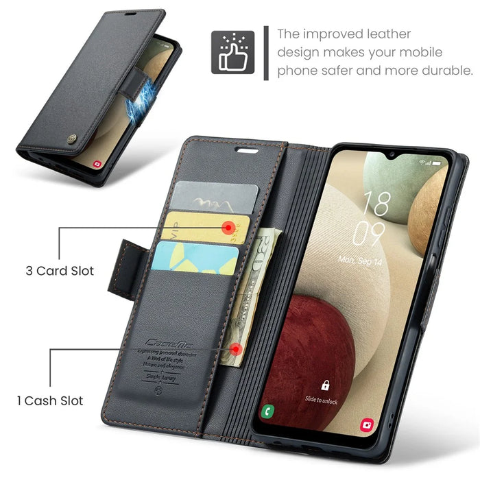For Samsung Galaxy A12 Leather Case CASEME 023 RFID Blocking 3 Card Slot Mobile Cover - Black - 7