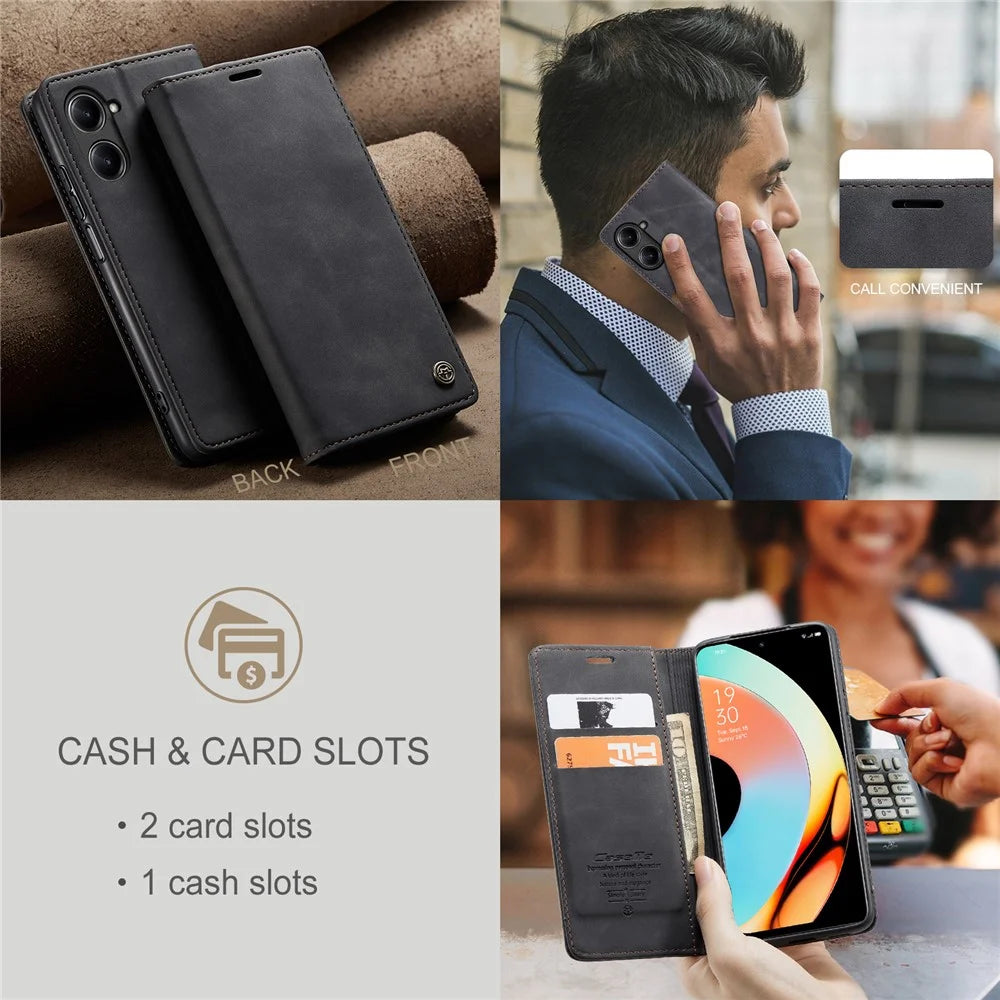 CASEME 013 Series For Realme 10 Pro 5G Leather Wallet Phone Case Flip Stand Drop-proof Cover - Black - 7