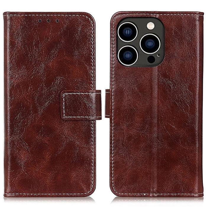 For iPhone 15 Pro Retro Leather Wallet Stand Case Crazy Horse Texture Smartphone Cover - Brown - 1