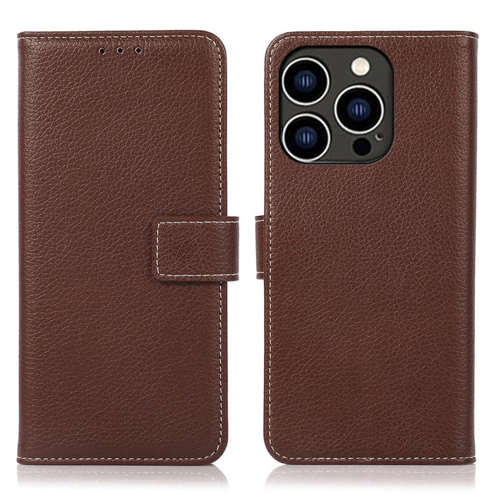 For iPhone 15 Pro PU Leather Wallet Case Litchi Texture Foldable Stand Phone Cover - Brown - 1
