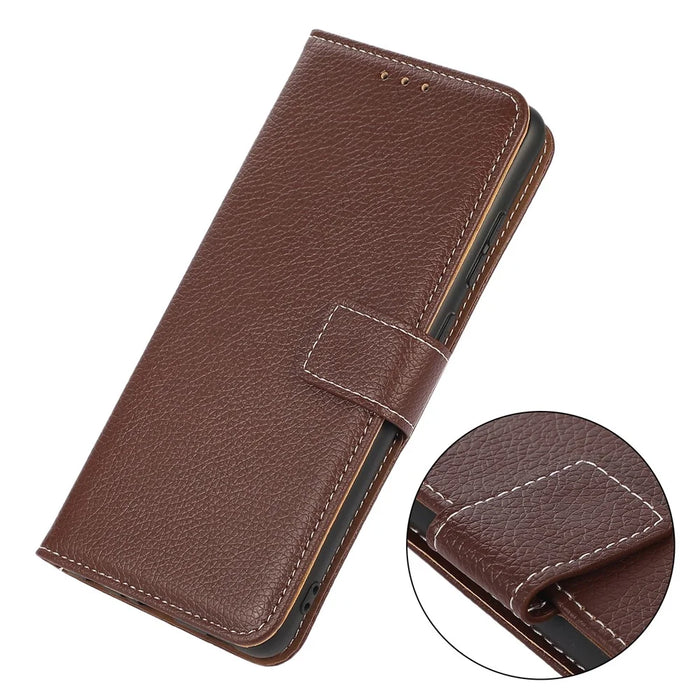 For iPhone 15 Pro PU Leather Wallet Case Litchi Texture Foldable Stand Phone Cover - Brown - 4