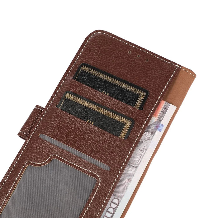 For iPhone 15 Pro PU Leather Wallet Case Litchi Texture Foldable Stand Phone Cover - Brown - 5