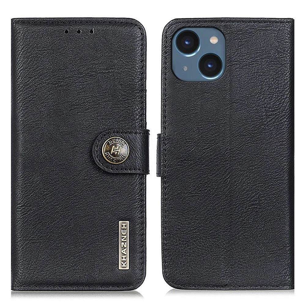 KHAZNEH For iPhone 15 Cowhide Texture Leather Stand Phone Case Drop-proof Wallet Shell - Black - 1