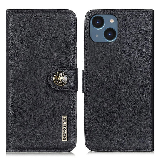 KHAZNEH For iPhone 15 Cowhide Texture Leather Stand Phone Case Drop-proof Wallet Shell - Black - 1