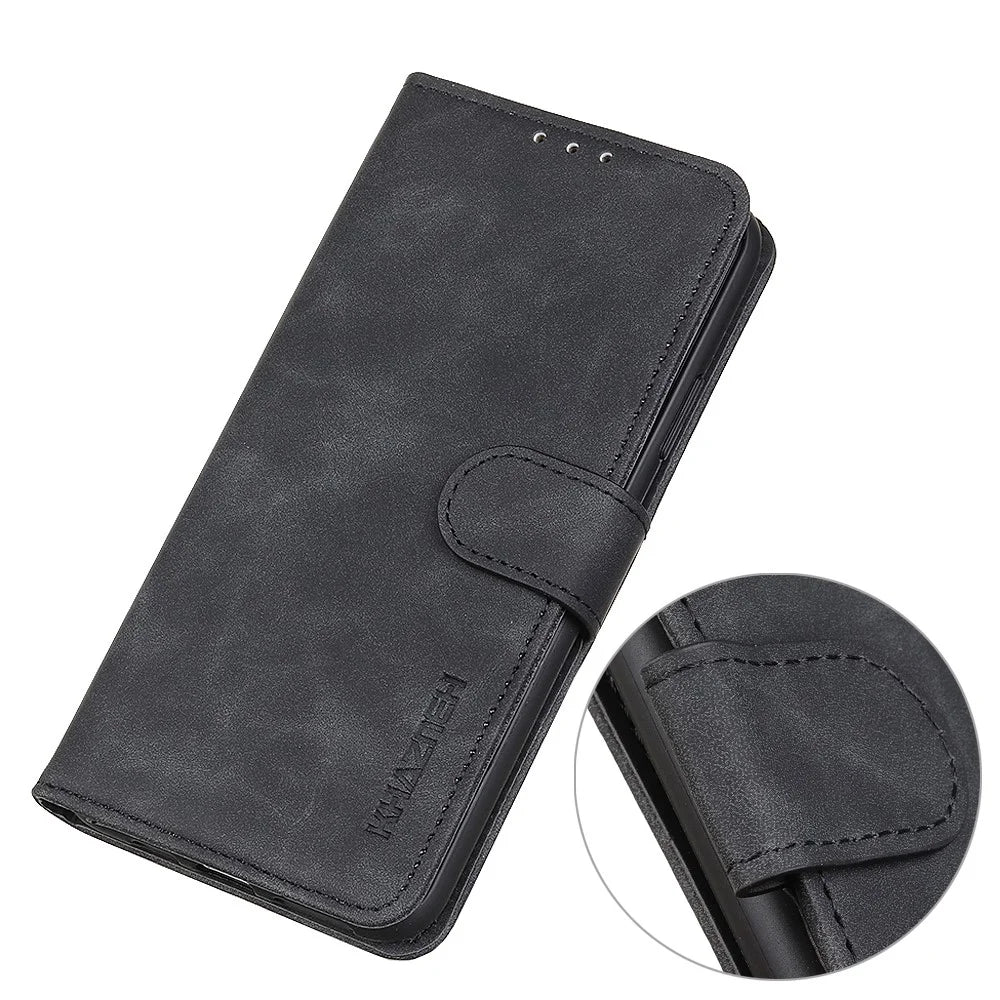 KHAZNEH For iPhone 15 Pro Max Retro PU Leather Phone Case Shockproof Wallet Stand Cover - Black - 4