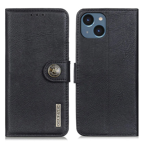 KHAZNEH For iPhone 15 Plus Cowhide Texture Shockproof Stand Cover Leather Wallet Phone Case - Black - 1