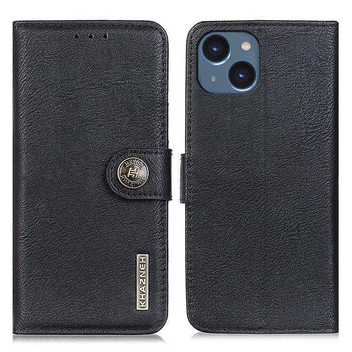 KHAZNEH For iPhone 15 Plus Cowhide Texture Shockproof Stand Cover Leather Wallet Phone Case - Black - 1
