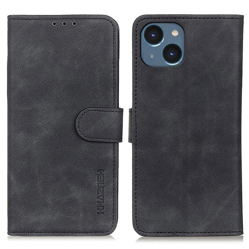 KHAZNEH For iPhone 15 Retro Drop-proof Phone Stand Case PU Leather Wallet Cover - Black - 1
