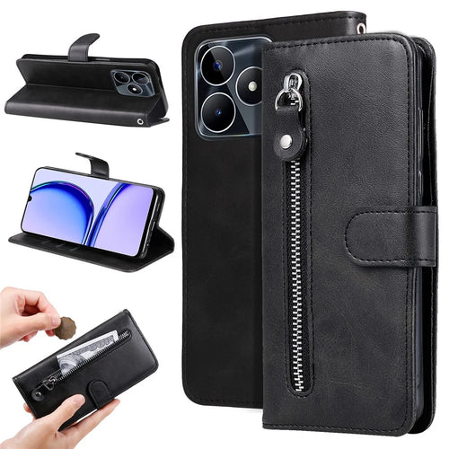 For Realme C53 (Global) / C53 (India) / C51 / Narzo N53 4G PU Leather Phone Case Calf Texture Stand Zipper Pocket Wallet Cover - Black - 1