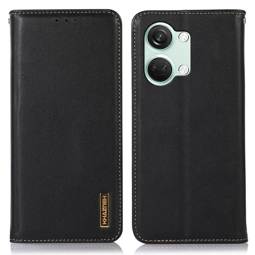 KHAZNEH For OnePlus Nord 3 5G / Ace 2V RFID Blocking Genuine Cow Leather Wallet Case Phone Stand Cover - Black - 1