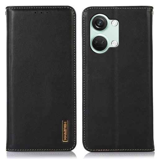 KHAZNEH For OnePlus Nord 3 5G / Ace 2V RFID Blocking Genuine Cow Leather Wallet Case Phone Stand Cover - Black - 1