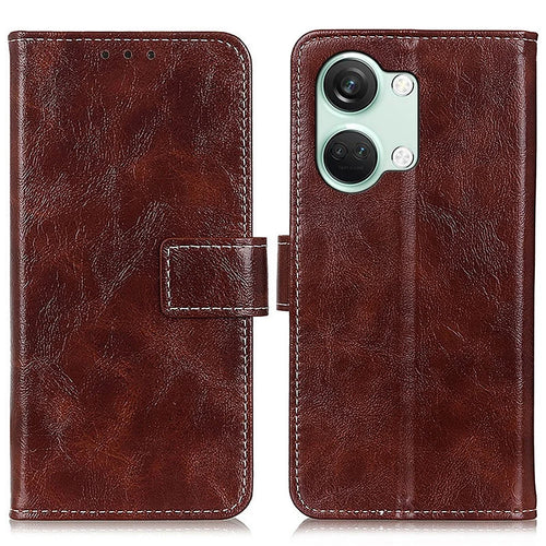 For OnePlus Nord 3 5G / Ace 2V Magnetic Clasp Leather Wallet Case Retro Crazy Horse Texture Stand Cover - Brown - 1