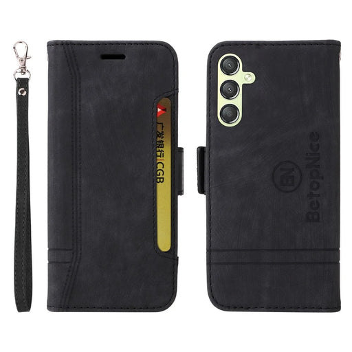 BETOPNICE 001 For Samsung Galaxy M14 / F14 5G Imprinted Line Wallet Stand Cover PU Leather Phone Case - Black - 1
