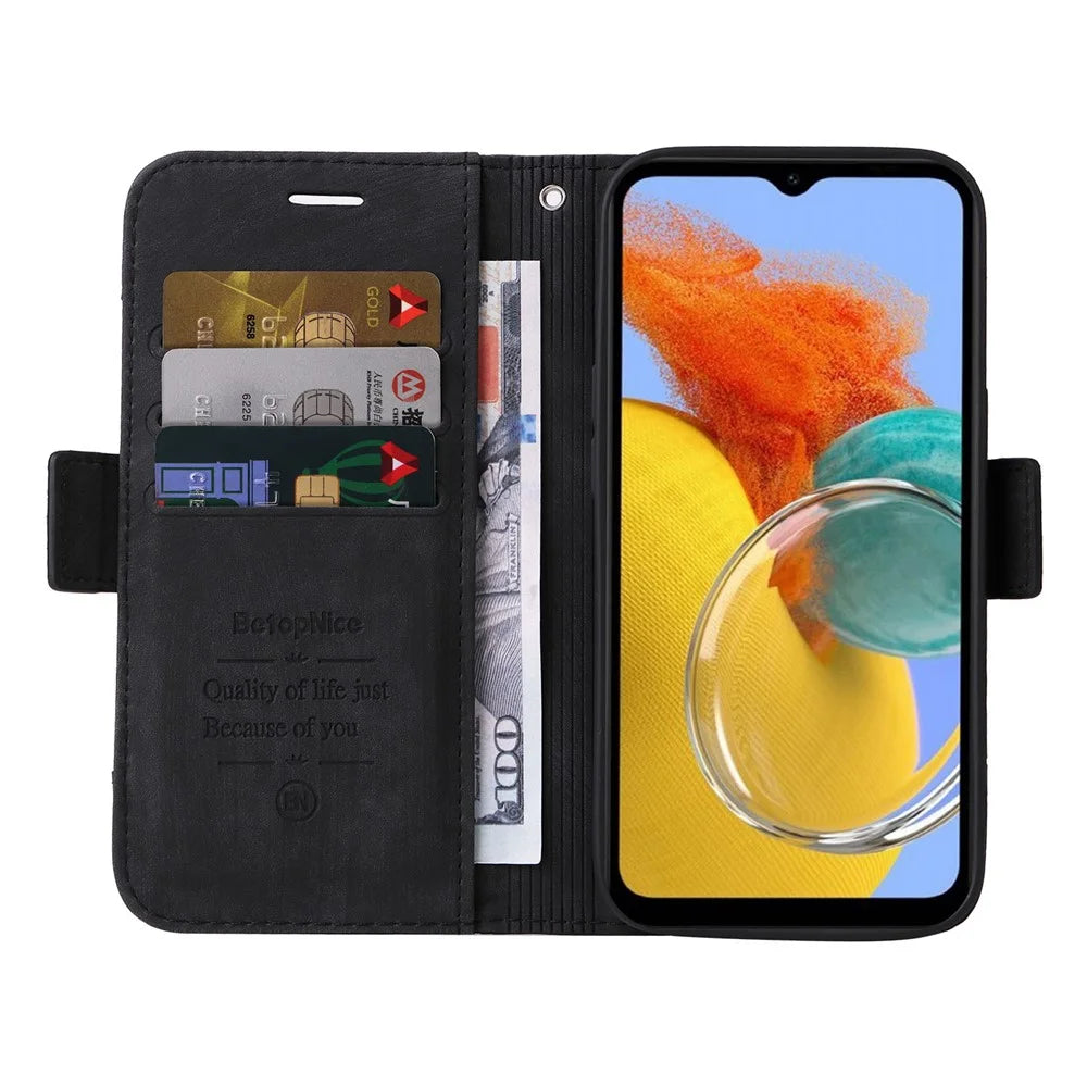 BETOPNICE 001 For Samsung Galaxy M14 / F14 5G Imprinted Line Wallet Stand Cover PU Leather Phone Case - Black - 2