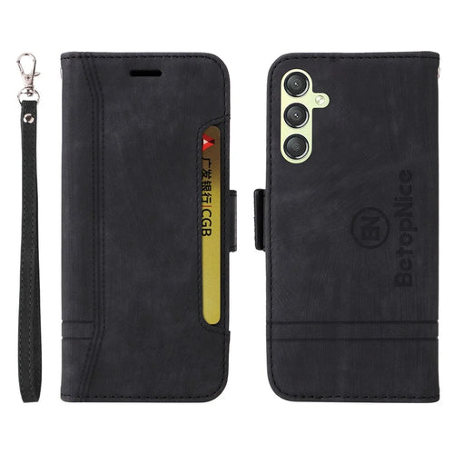 BETOPNICE 001 For Samsung Galaxy A24 4G (162.1 x 77.6 x 8.3mm) Phone Wallet Stand Case Imprinted Line PU Leather Cover - Black - 1