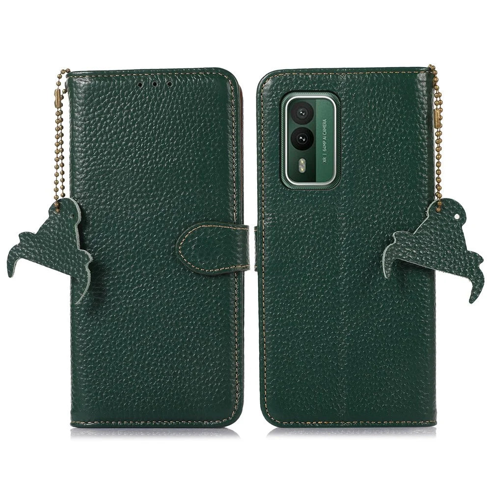 For Nokia XR21 RFID Blocking Wallet Phone Case Genuine Cow Leather Litchi Texture Stand Cover - Green - 1
