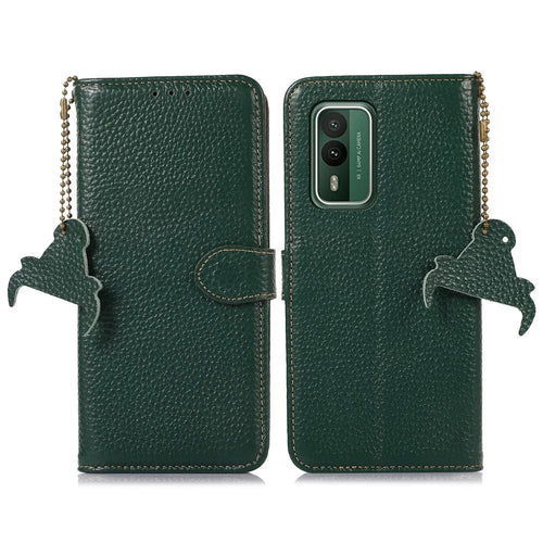 For Nokia XR21 RFID Blocking Wallet Phone Case Genuine Cow Leather Litchi Texture Stand Cover - Green - 1