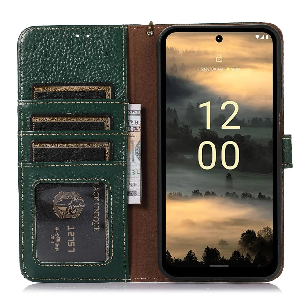 For Nokia XR21 RFID Blocking Wallet Phone Case Genuine Cow Leather Litchi Texture Stand Cover - Green - 2