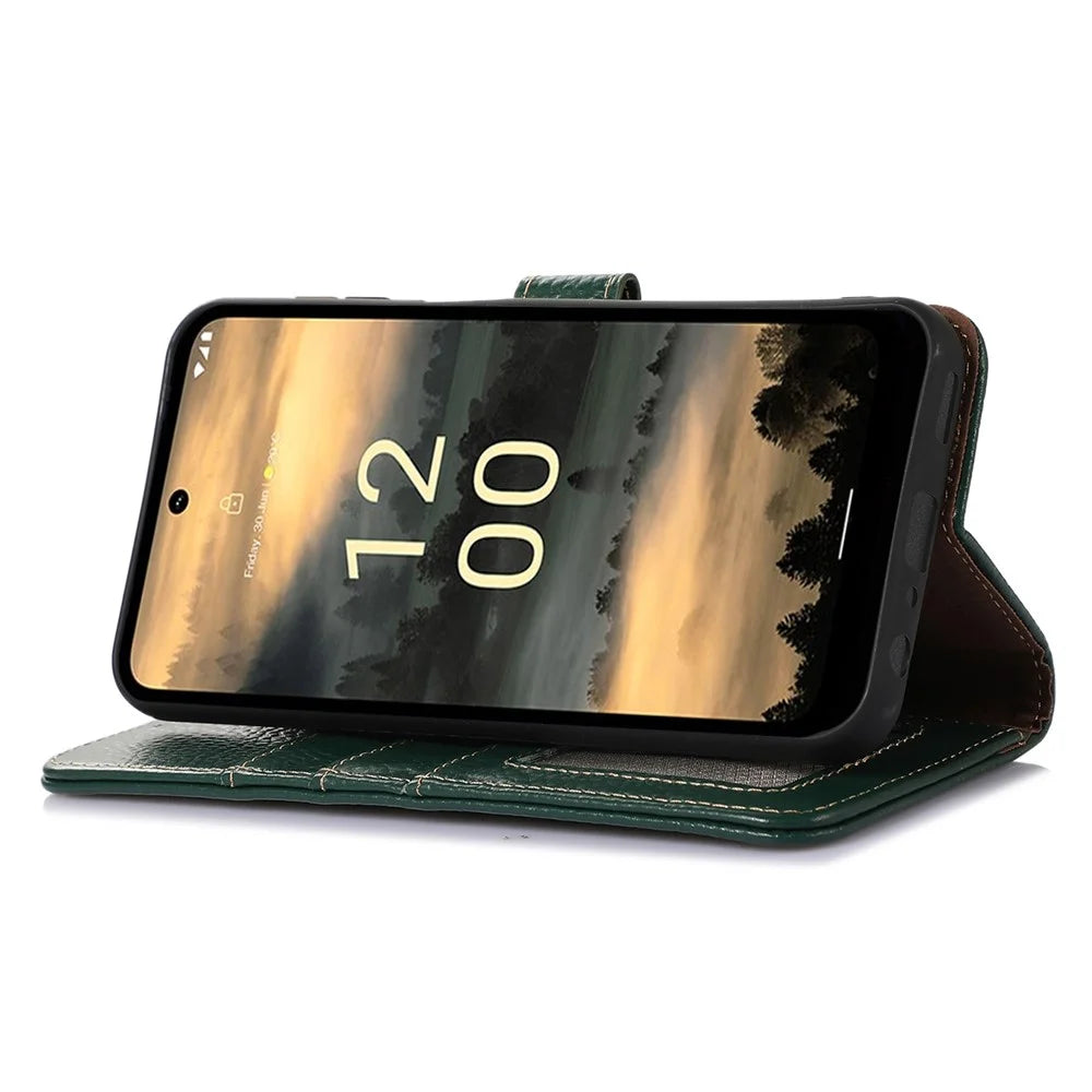 For Nokia XR21 RFID Blocking Wallet Phone Case Genuine Cow Leather Litchi Texture Stand Cover - Green - 3