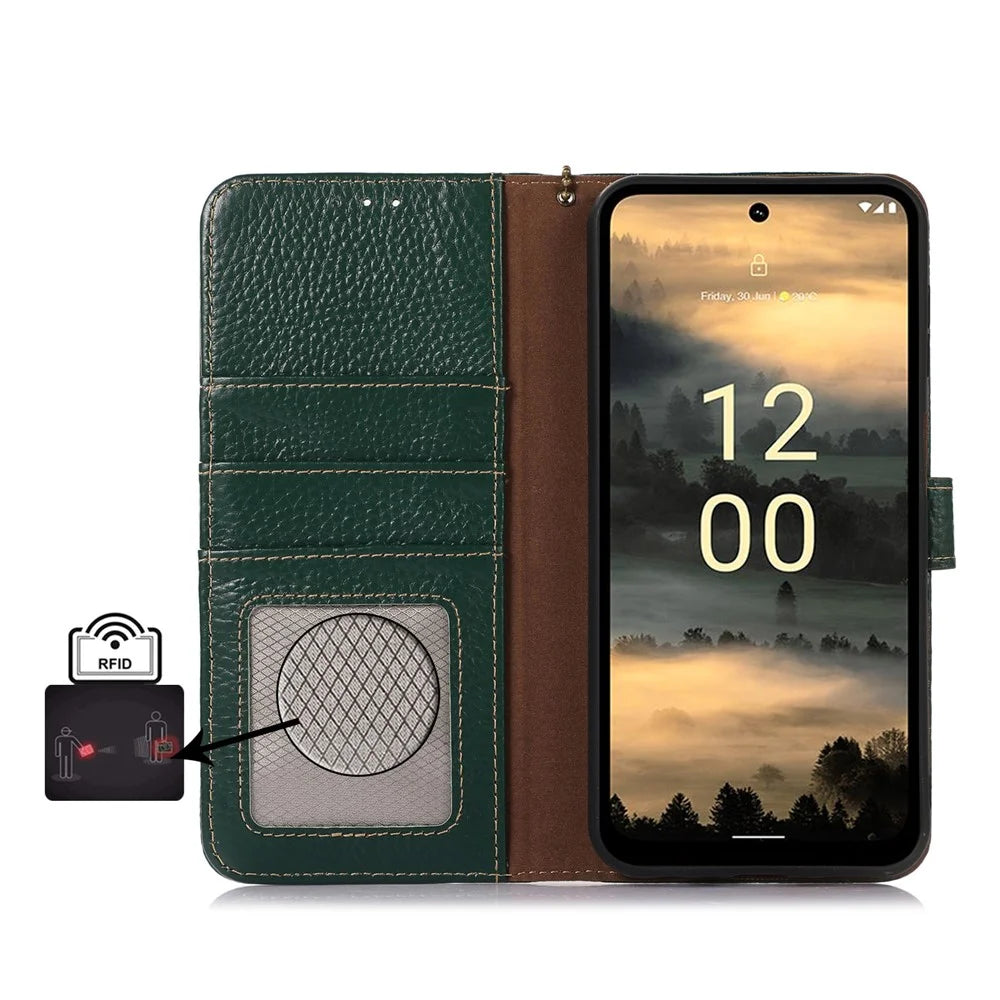 For Nokia XR21 RFID Blocking Wallet Phone Case Genuine Cow Leather Litchi Texture Stand Cover - Green - 4