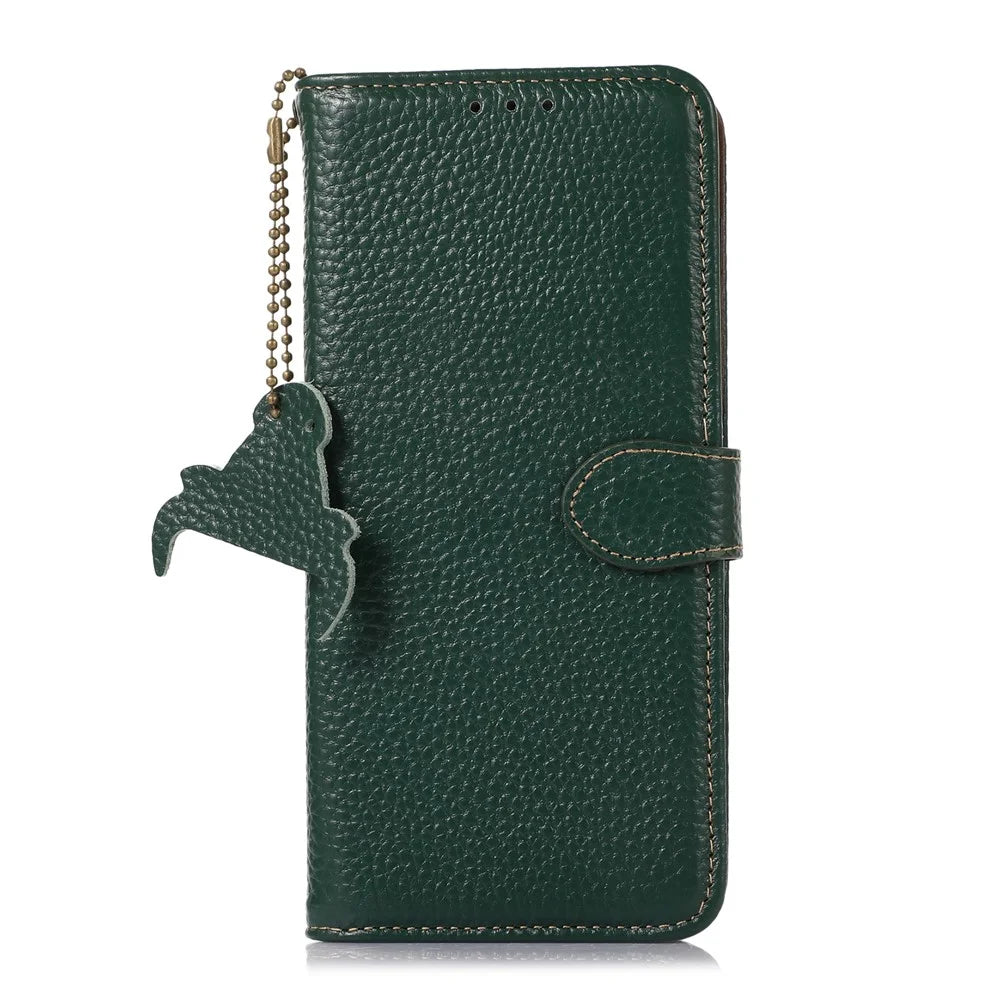 For Nokia XR21 RFID Blocking Wallet Phone Case Genuine Cow Leather Litchi Texture Stand Cover - Green - 6