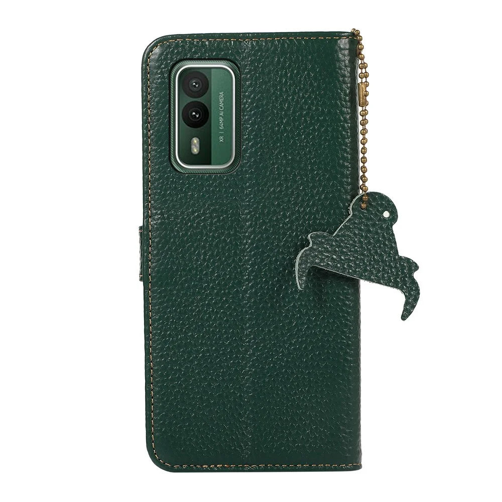 For Nokia XR21 RFID Blocking Wallet Phone Case Genuine Cow Leather Litchi Texture Stand Cover - Green - 7