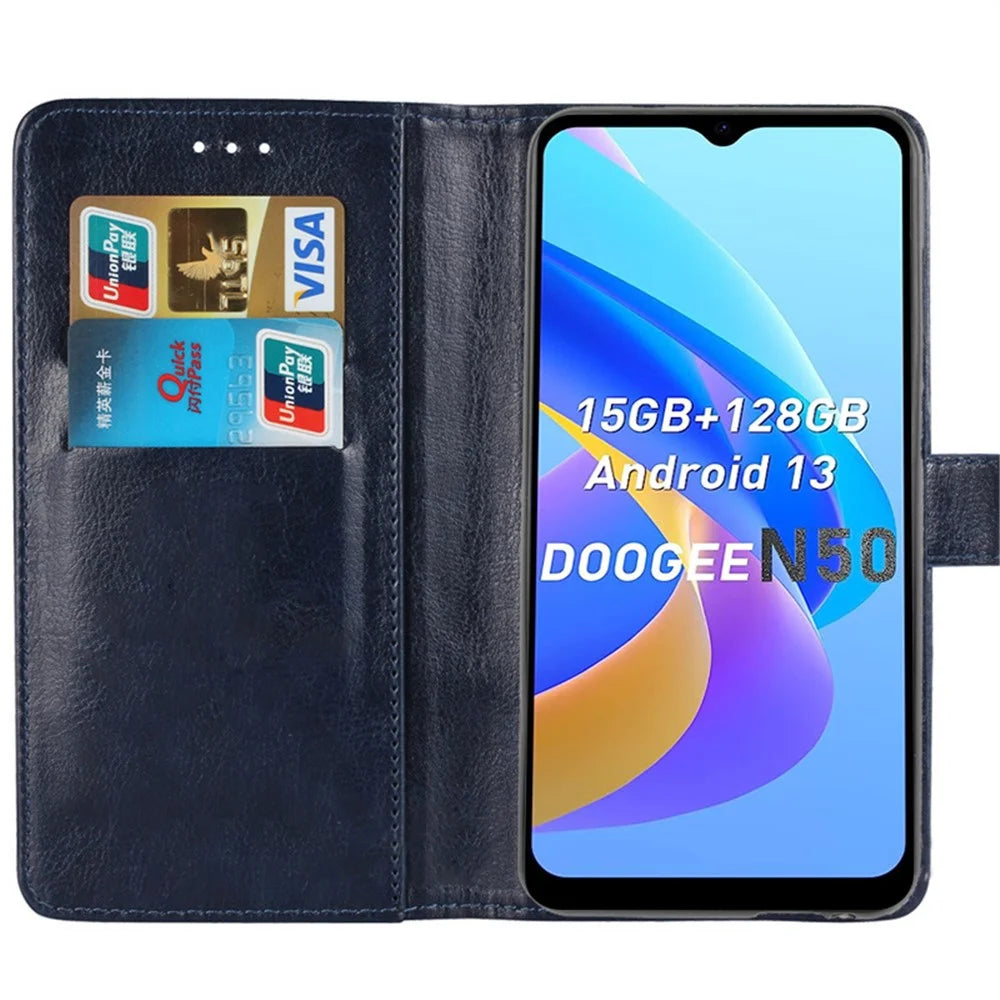 For Doogee N50 PU Leather Wallet Case Crazy Horse Texture Anti-drop Stand Cover - Dark Blue - 2