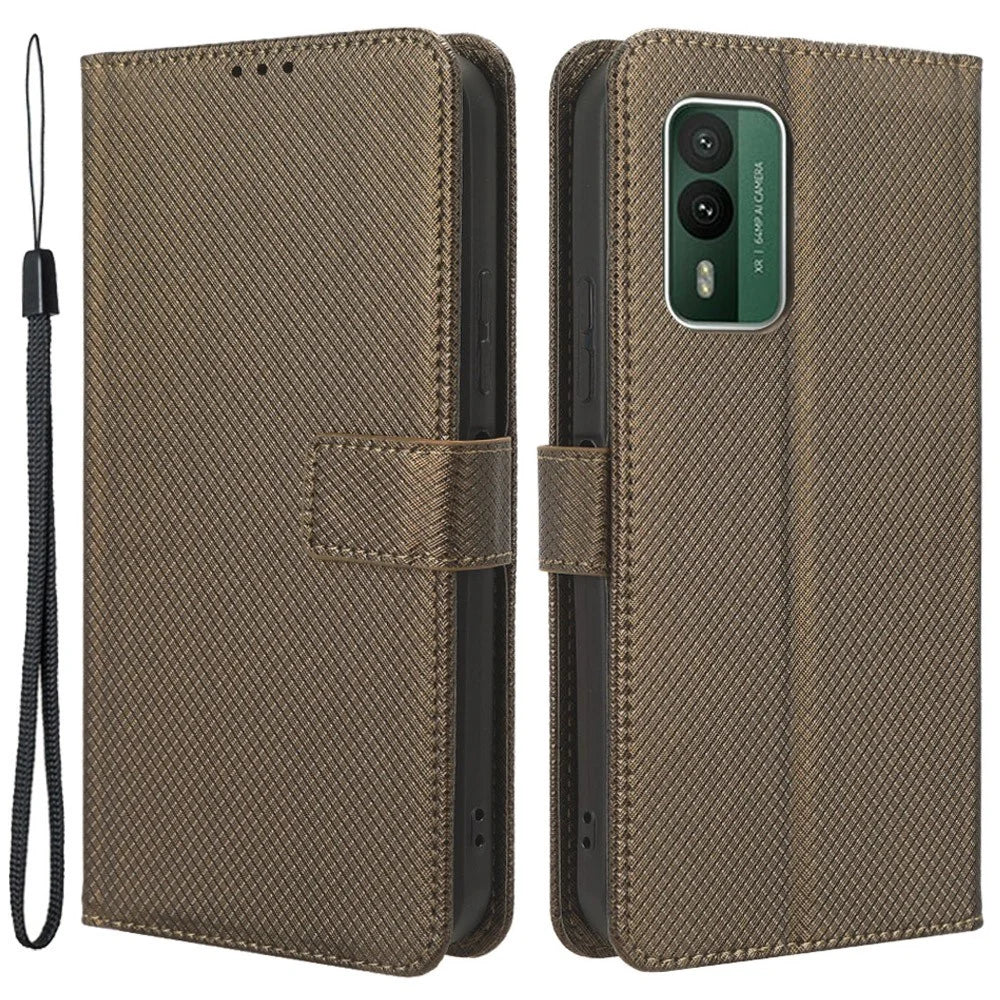 For Nokia XR21 Shockproof Wallet Phone Case PU Leather Diamond Texture Cover with Stand - Brown - 1